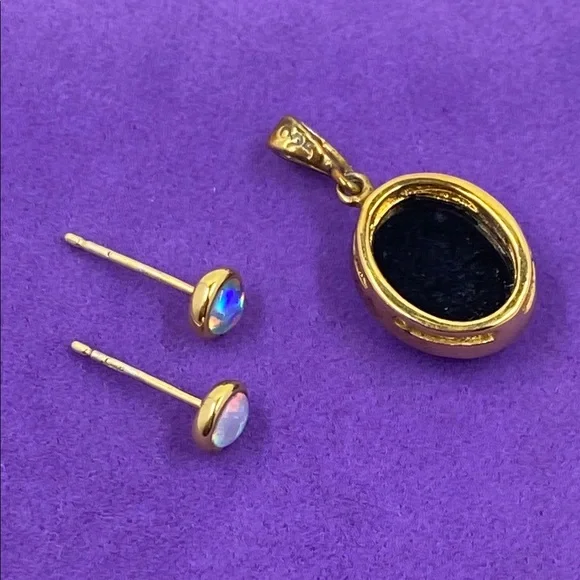 💛 Vintage 925 Gold Plated Opal Stud Earrings & Pendant Set - Picture 7 of 9